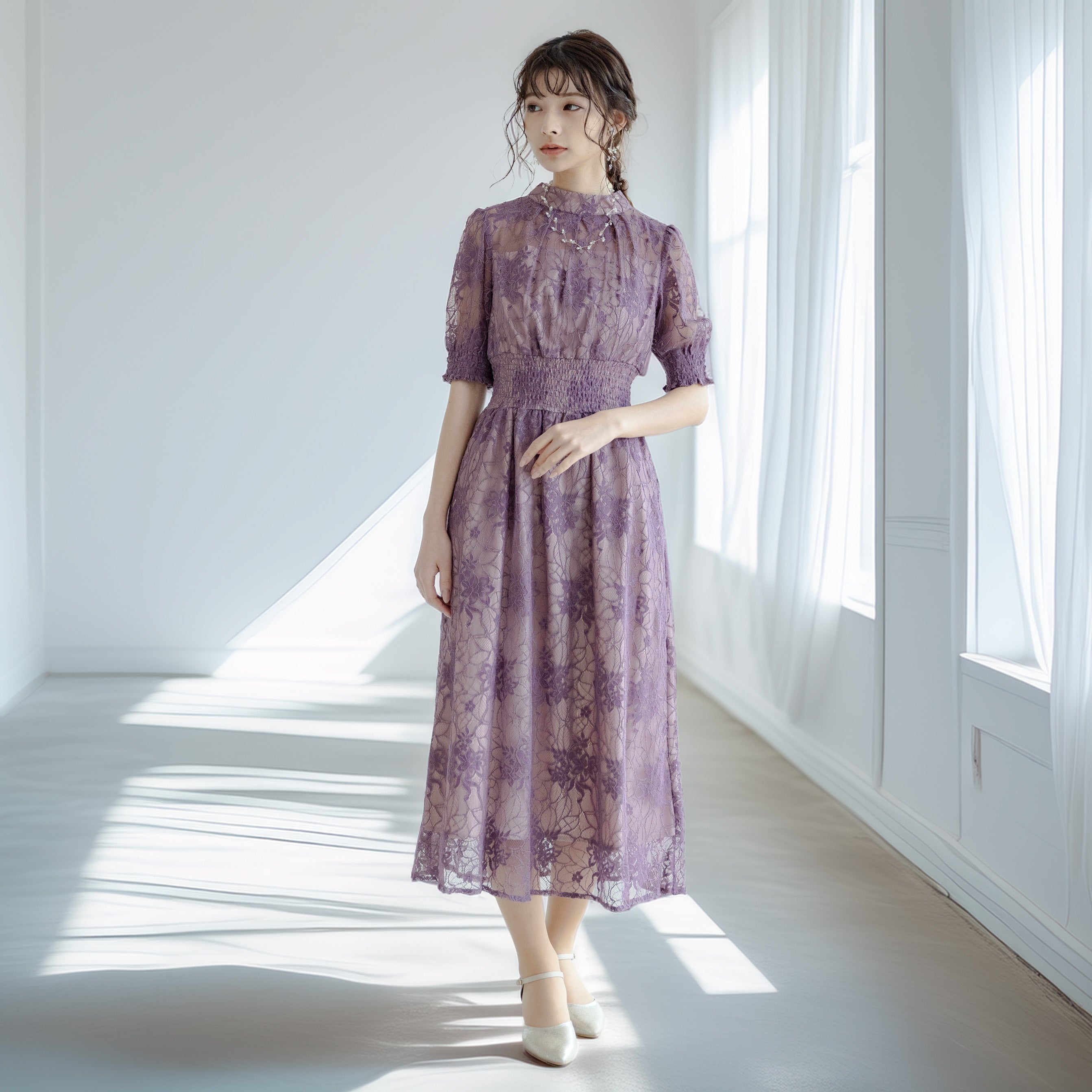 バックリボンシャーリングレース2WAYドレス 105029パープル【S/M/L/LL/3L/4Lサイズ展開】