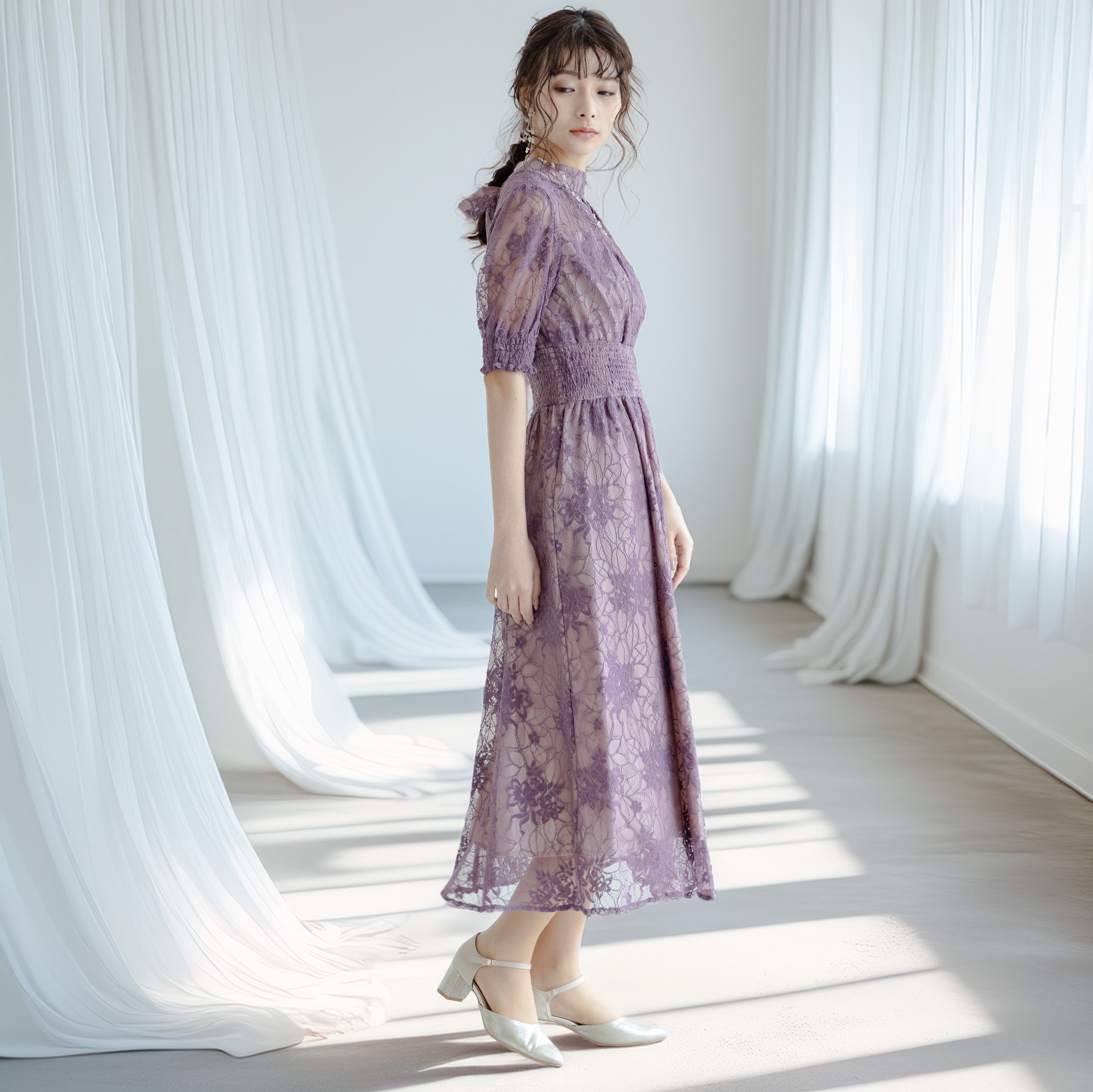 バックリボンシャーリングレース2WAYドレス 105029パープル【S/M/L/LL/3L/4Lサイズ展開】