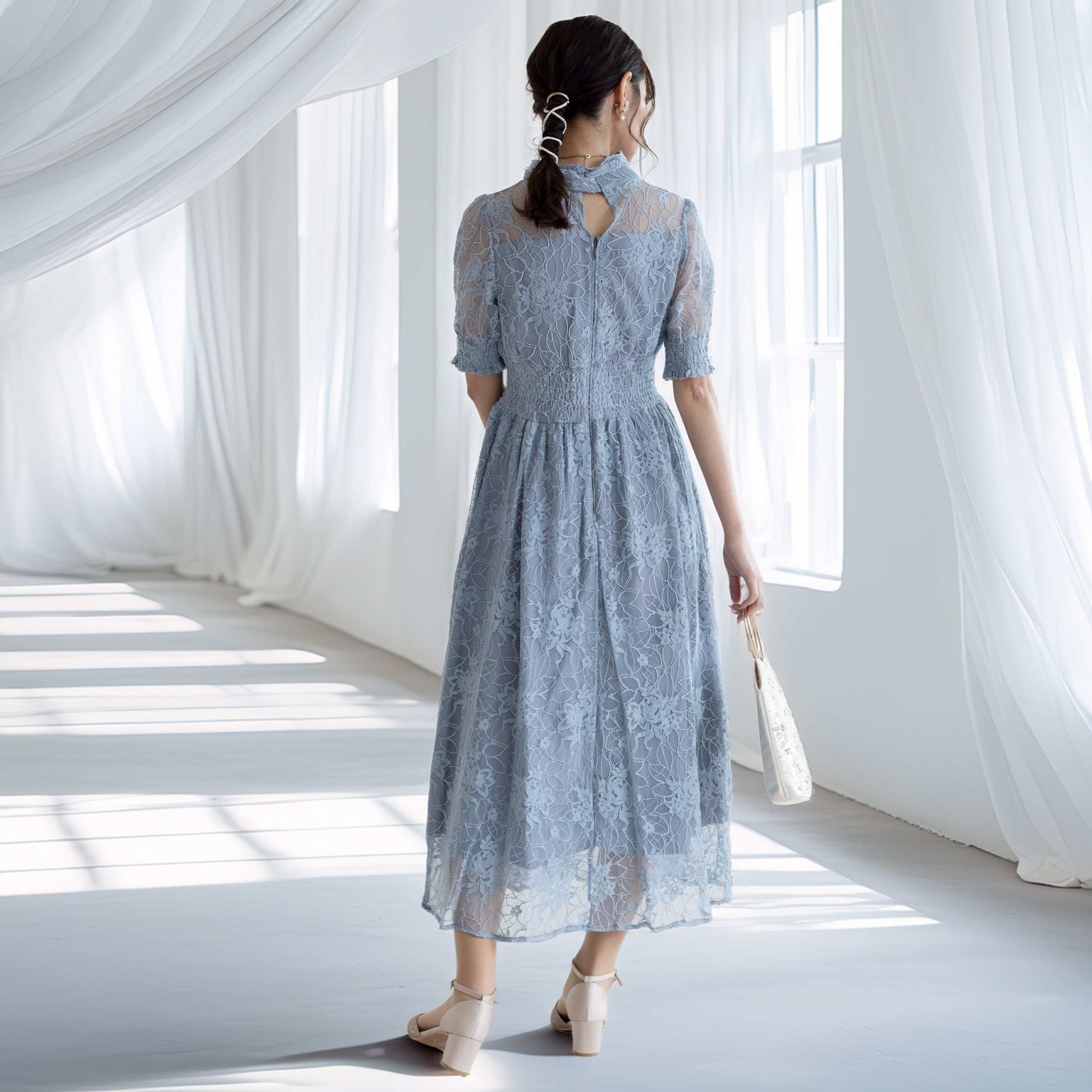 バックリボンシャーリングレース2WAYドレス 105029ダスティブルー【S/M/L/LL/3L/4Lサイズ展開】