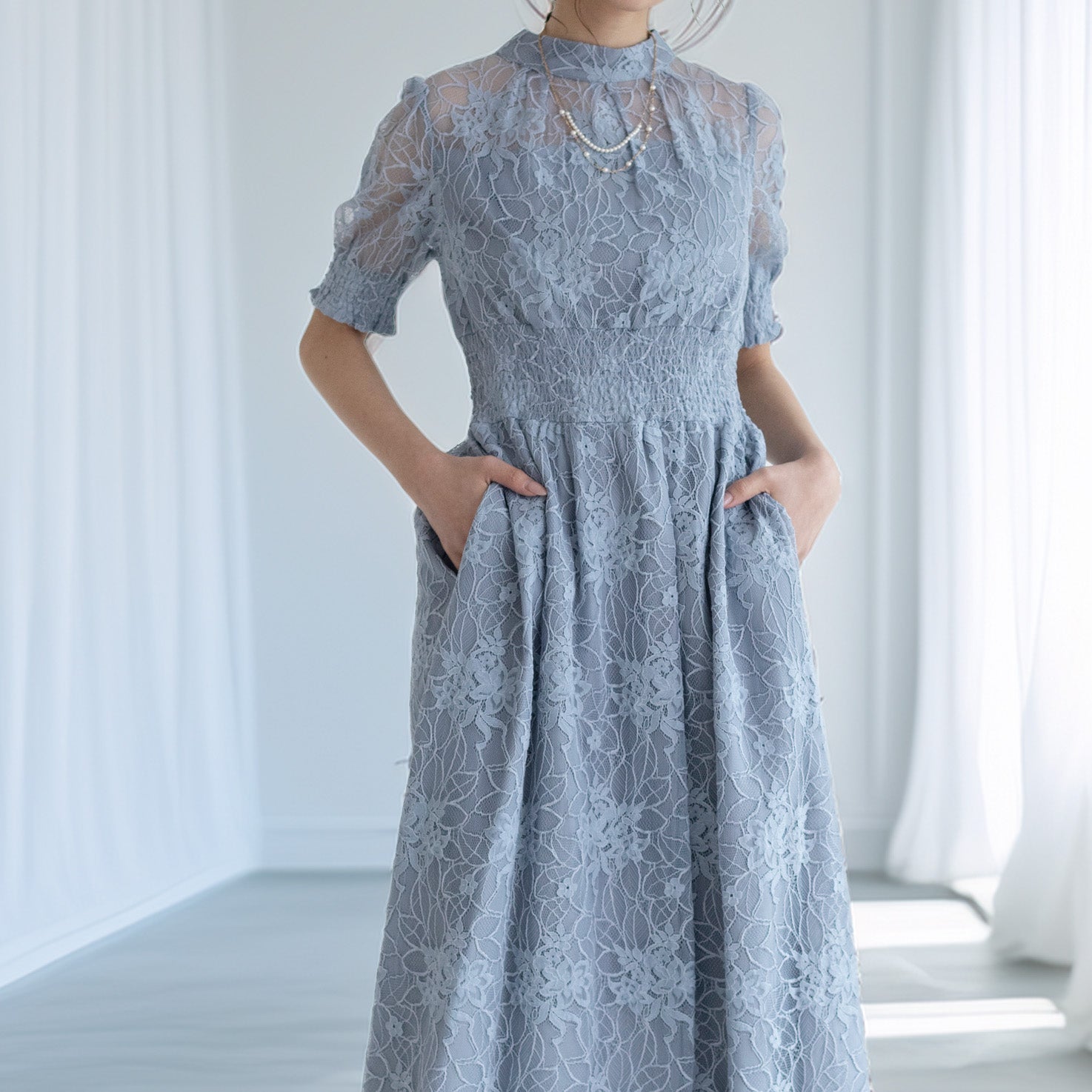 バックリボンシャーリングレース2WAYドレス 105029ダスティブルー【S/M/L/LL/3L/4Lサイズ展開】
