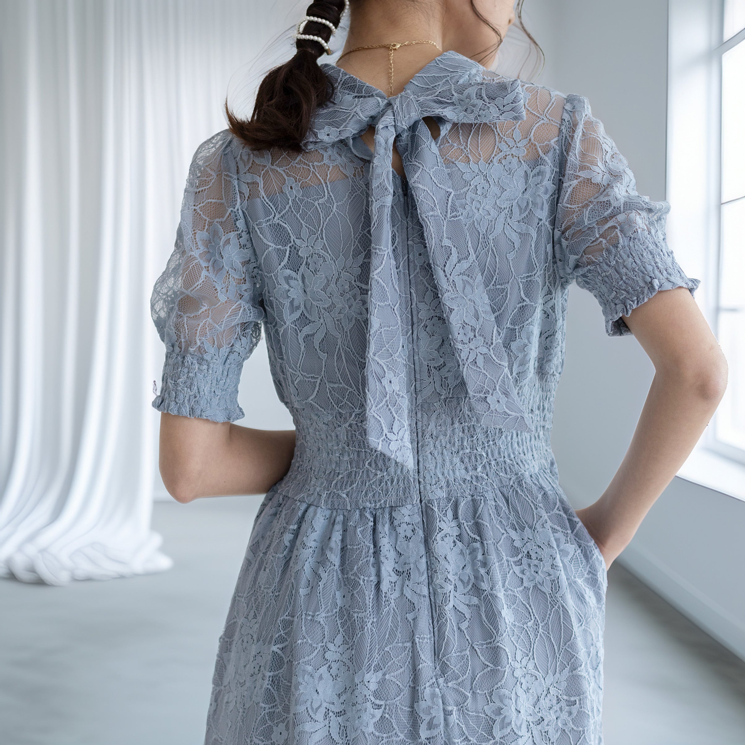 バックリボンシャーリングレース2WAYドレス 105029ダスティブルー【S/M/L/LL/3L/4Lサイズ展開】