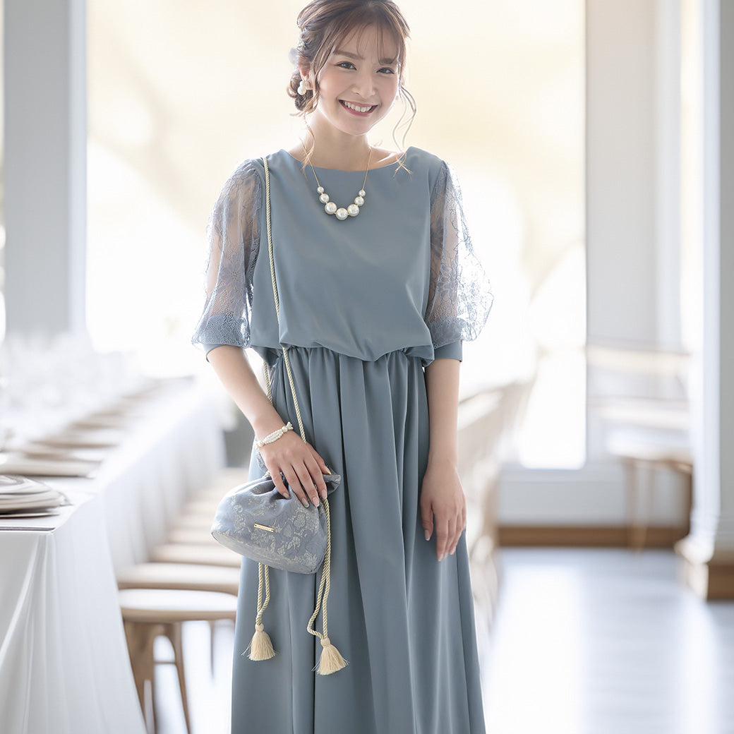 レーススリーブドレス ポケット付き 105011ダスティブルー【S/M/L/LL/3L/4Lサイズ展開】