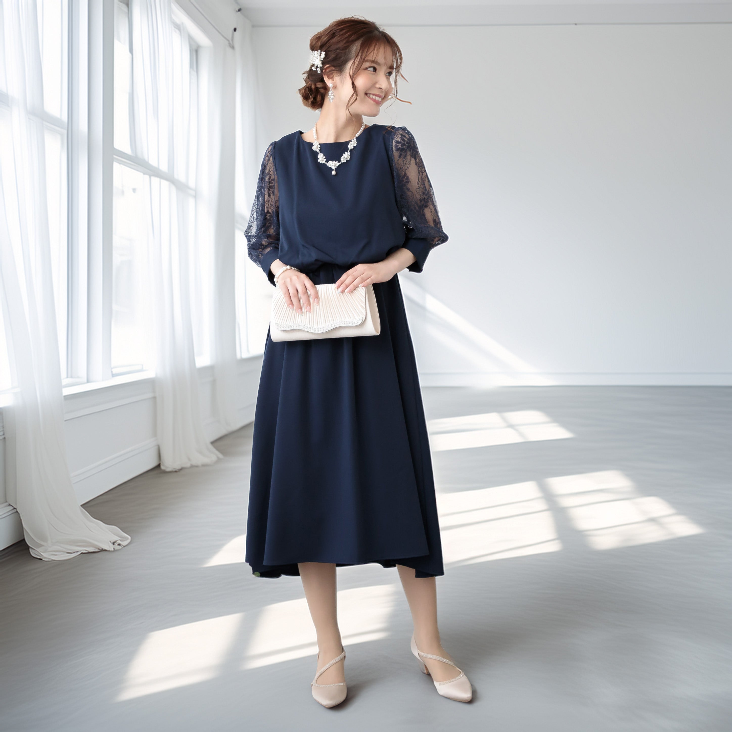 レーススリーブドレス ポケット付き 105011 ネイビー【S/M/L/LL/3L/4Lサイズ展開】