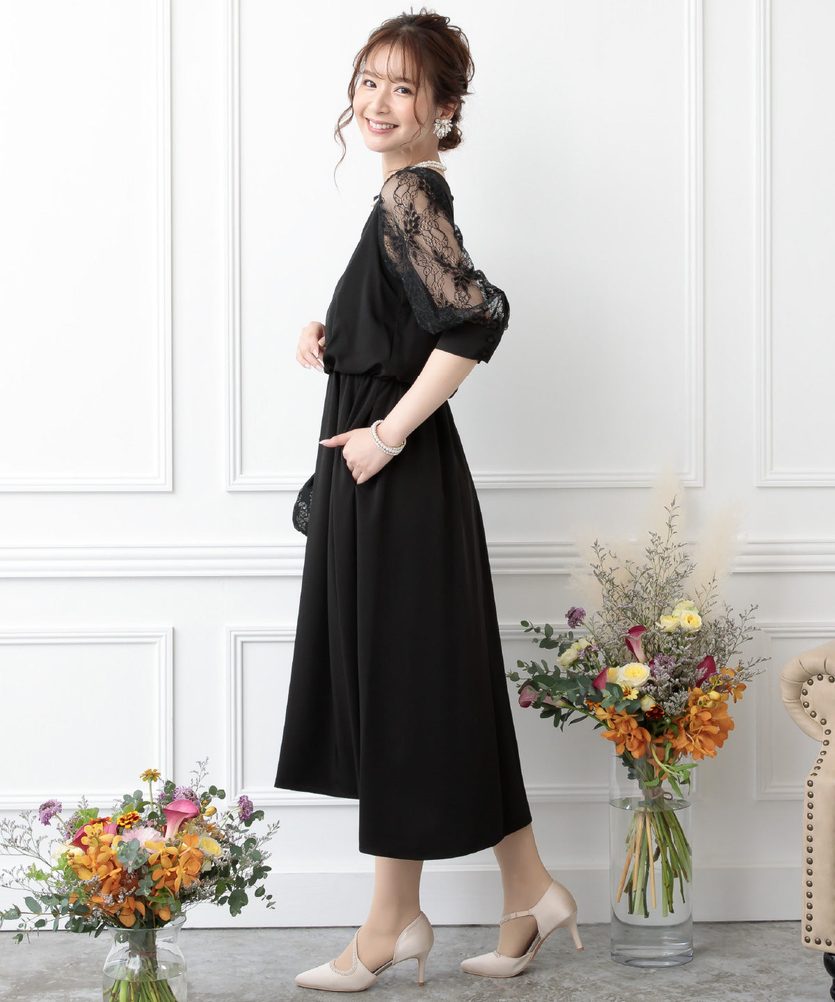 結婚式 ワンピース 二次会 お呼ばれドレス おしゃれ 袖あり ドレス 袖付き レース 謝恩会 卒業式 妊婦 マタニティドレス ポケット付き