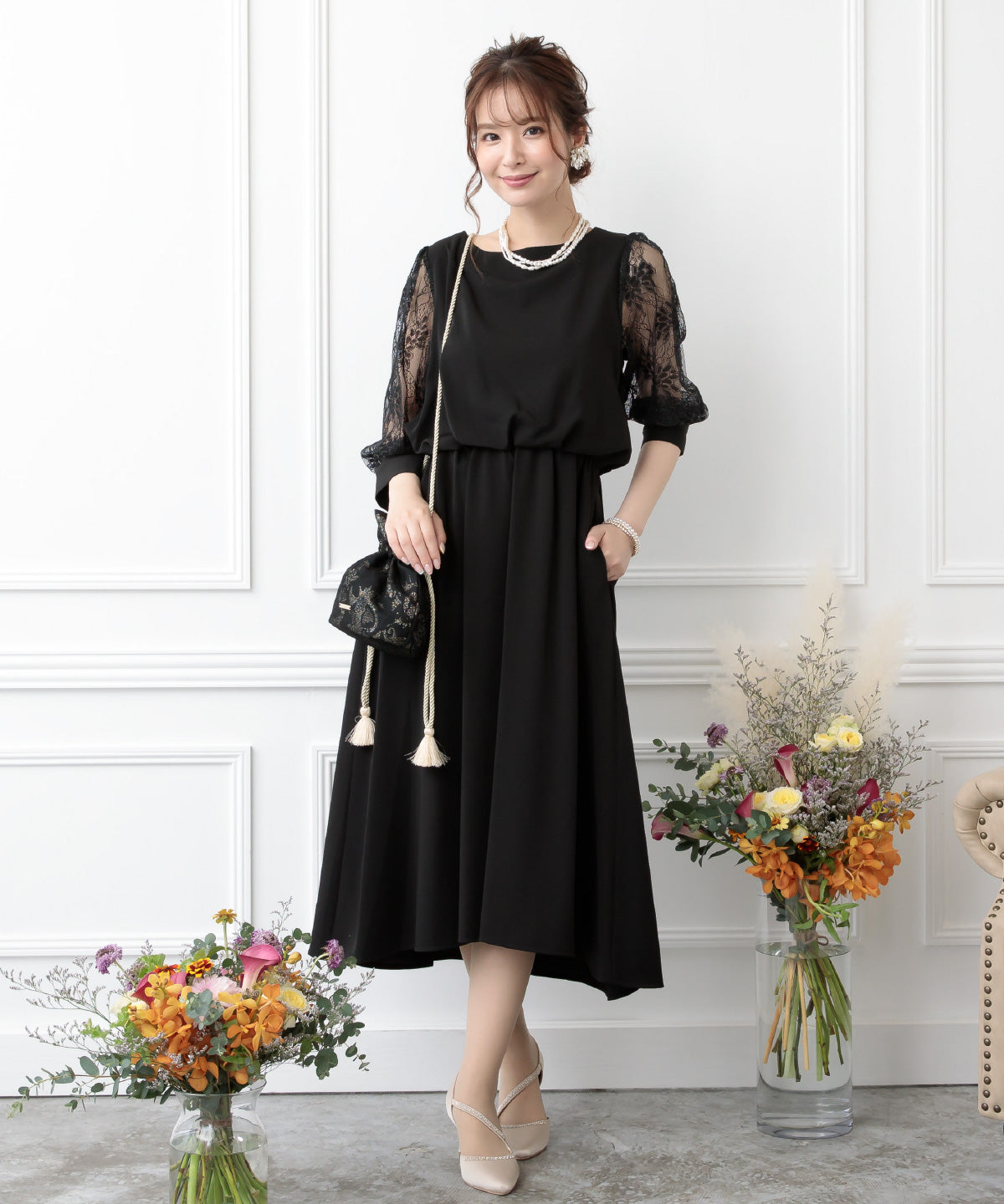 結婚式 ワンピース 二次会 お呼ばれドレス おしゃれ 袖あり ドレス 袖付き レース 謝恩会 卒業式 妊婦 マタニティドレス ポケット付き