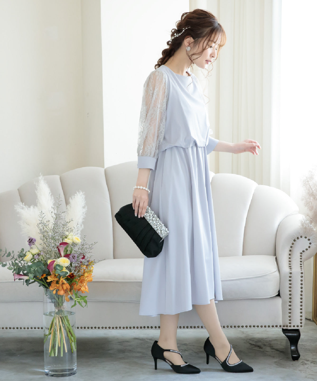 結婚式 ワンピース 二次会 お呼ばれドレス おしゃれ 袖あり ドレス 袖付き レース 謝恩会 卒業式 妊婦 マタニティドレス ポケット付き