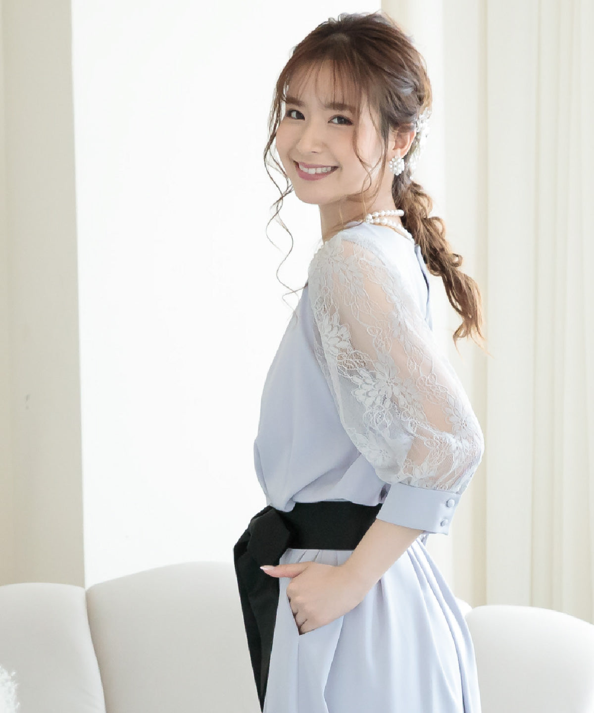 結婚式 ワンピース 二次会 お呼ばれドレス おしゃれ 袖あり ドレス 袖付き レース 謝恩会 卒業式 妊婦 マタニティドレス ポケット付き