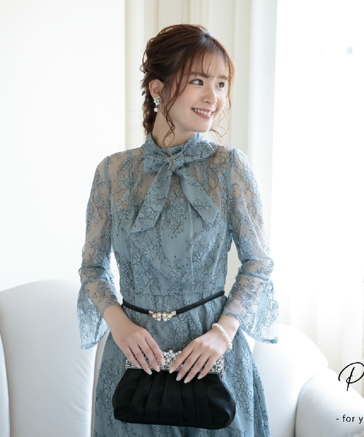 おしゃれ結婚式ワンピース二次会ドレスお呼ばれドレス謝恩会卒業式パーティードレス韓国レース袖ありミモレ丈