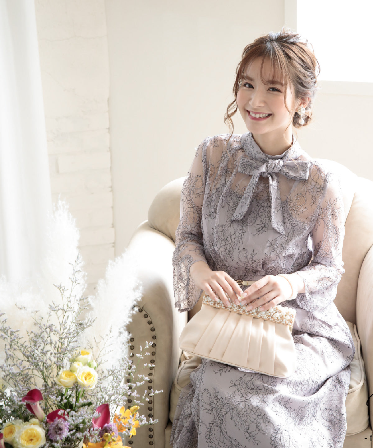 おしゃれ結婚式ワンピース二次会ドレスお呼ばれドレス謝恩会卒業式パーティードレス韓国レース袖ありミモレ丈