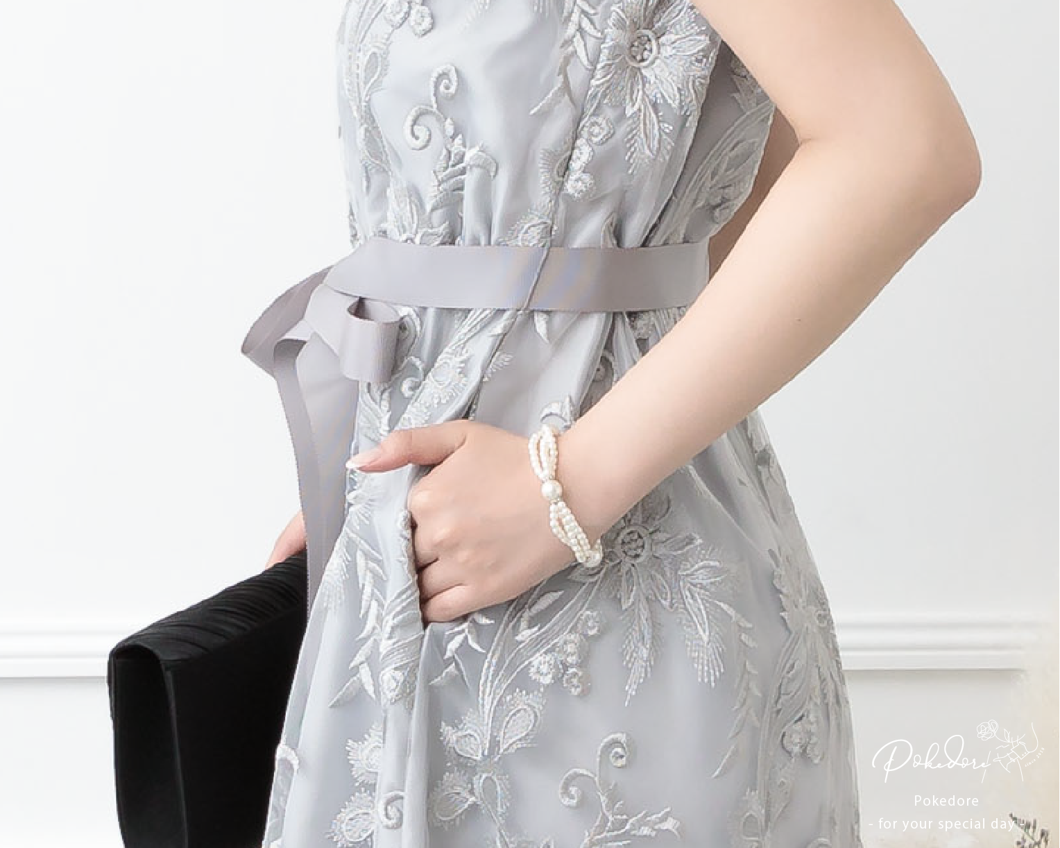 ポケット付き刺繍レースドレス 105016ネイビー×シルバー