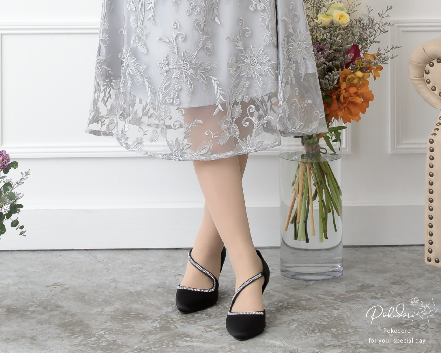 ポケット付き刺繍レースドレス 105016ネイビー×シルバー