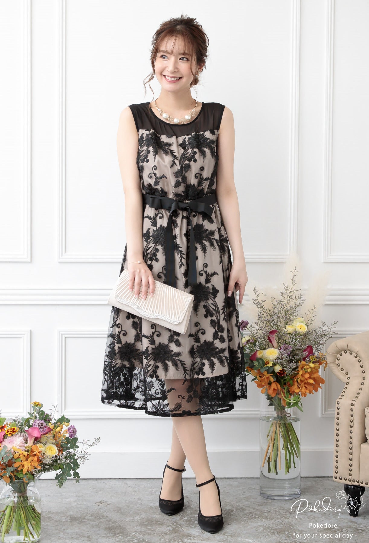 ポケット付き刺繍レースドレス 105016ネイビー