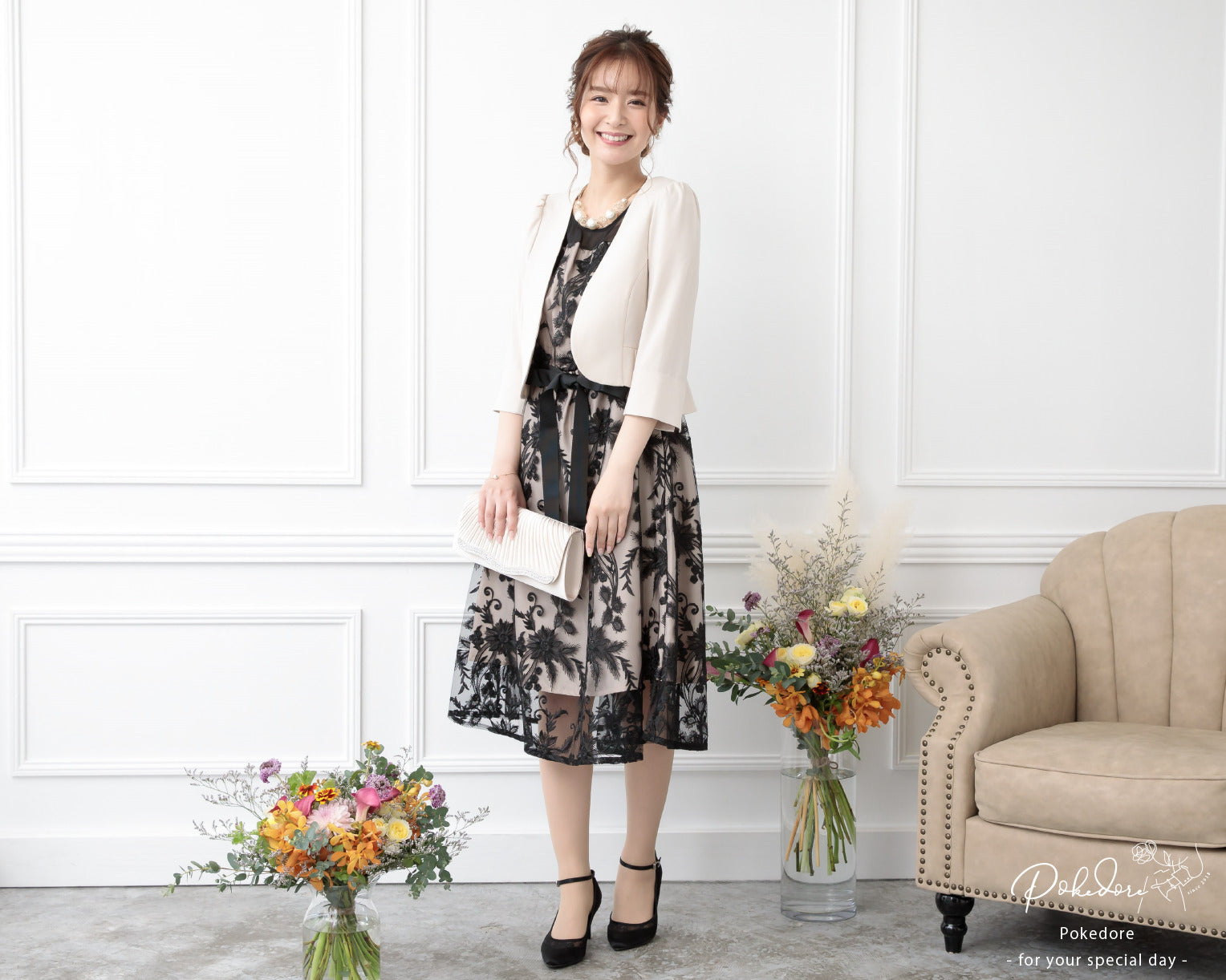 ポケット付き刺繍レースドレス 105016ネイビー×シルバー