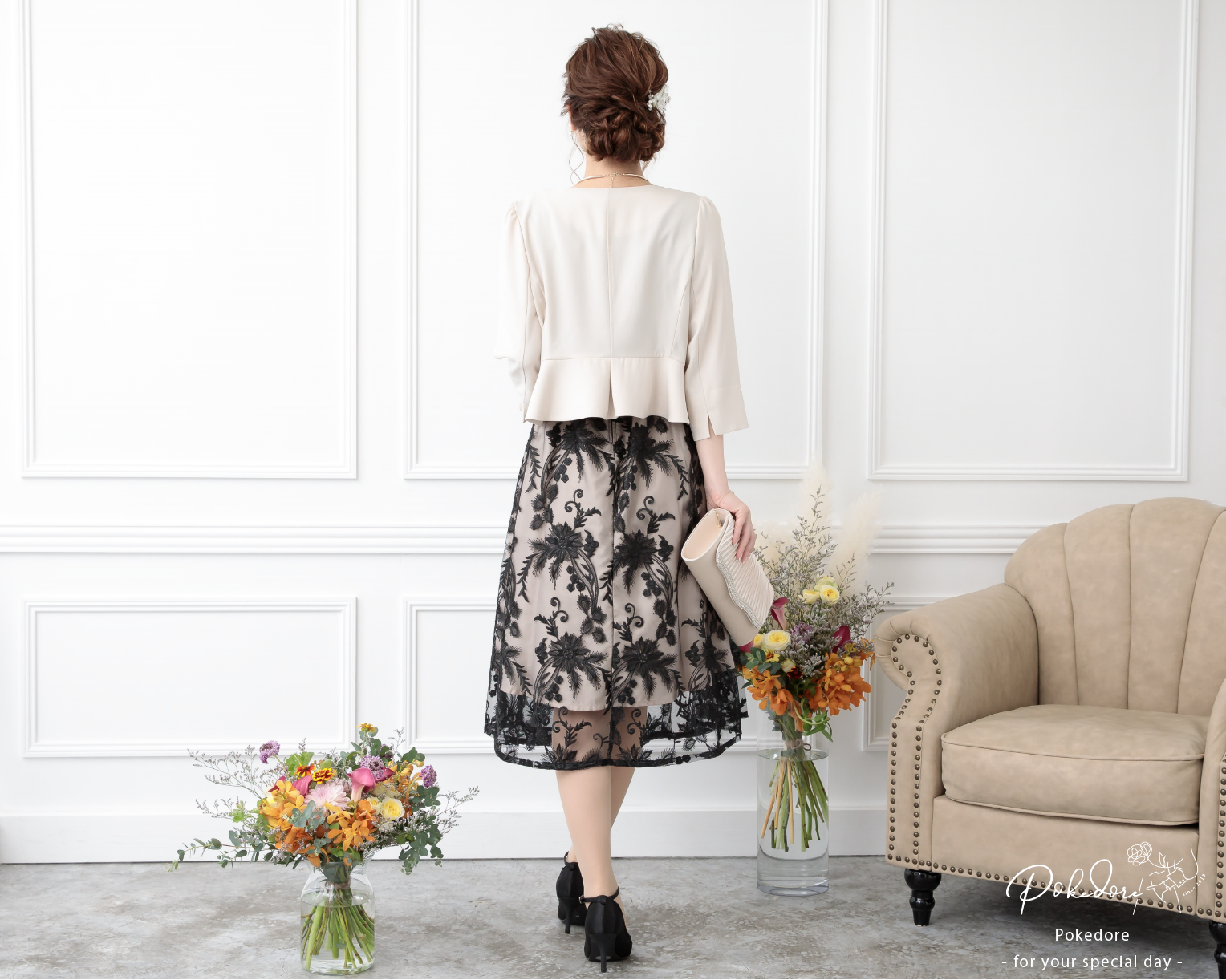 ポケット付き刺繍レースドレス 105016ネイビー