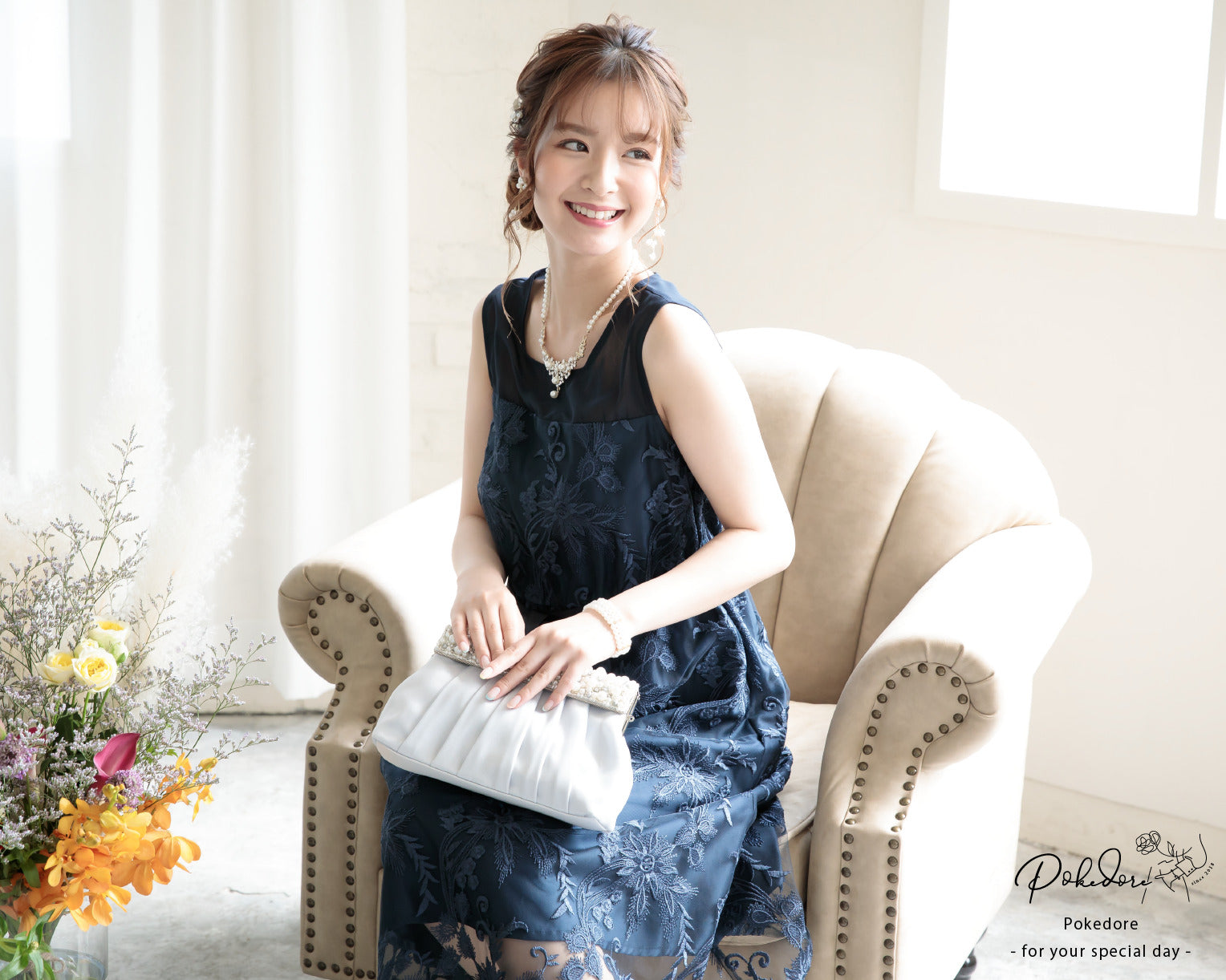 ポケット付き刺繍レースドレス 105016ネイビー