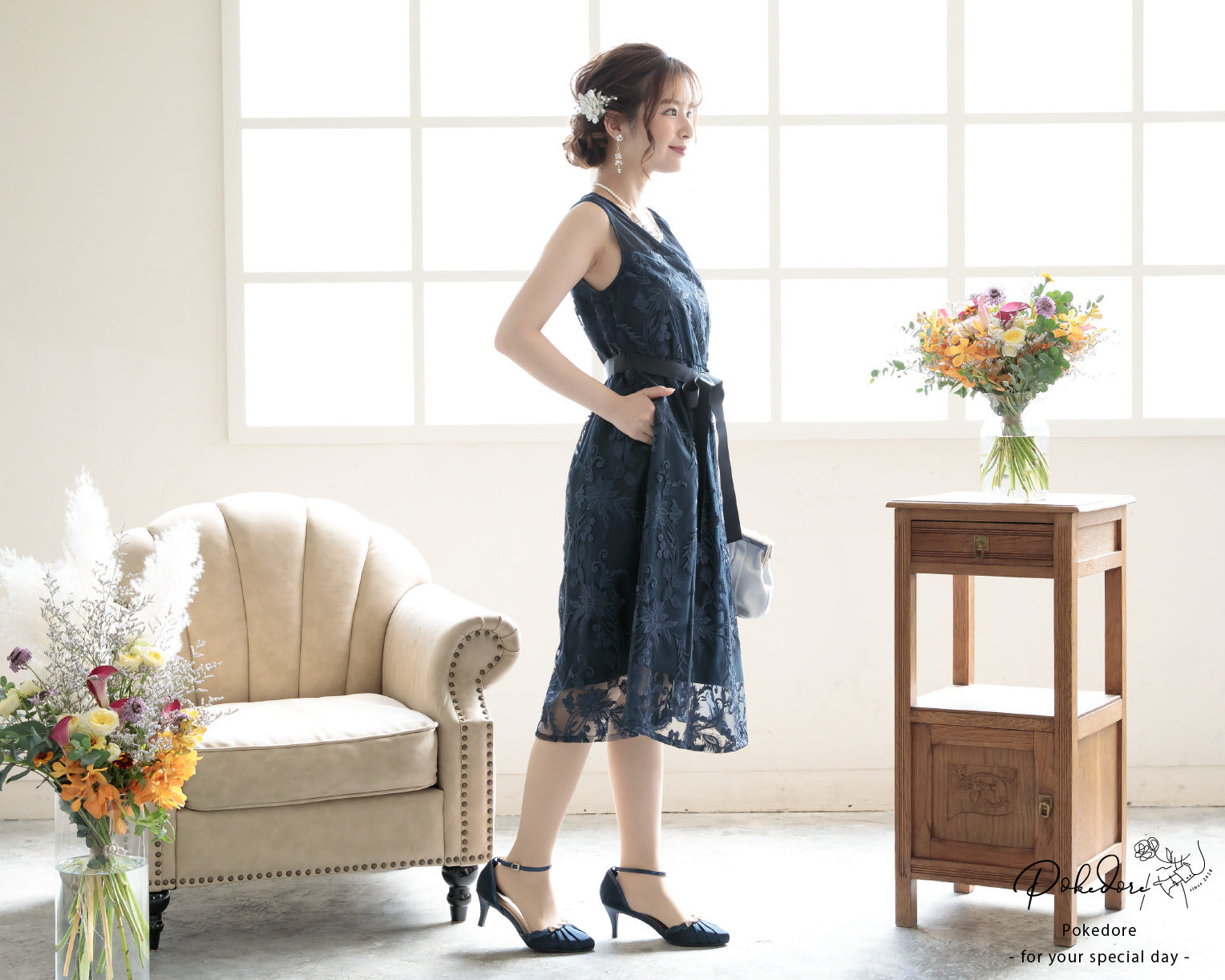 ポケット付き刺繍レースドレス 105016ネイビー×シルバー