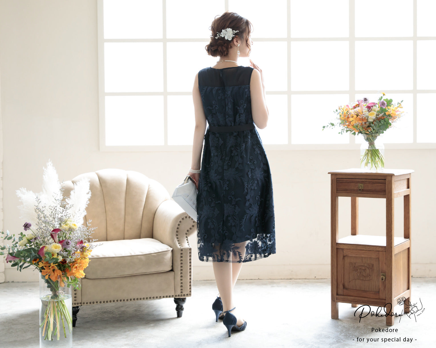 ポケット付き刺繍レースドレス 105016ネイビー×シルバー