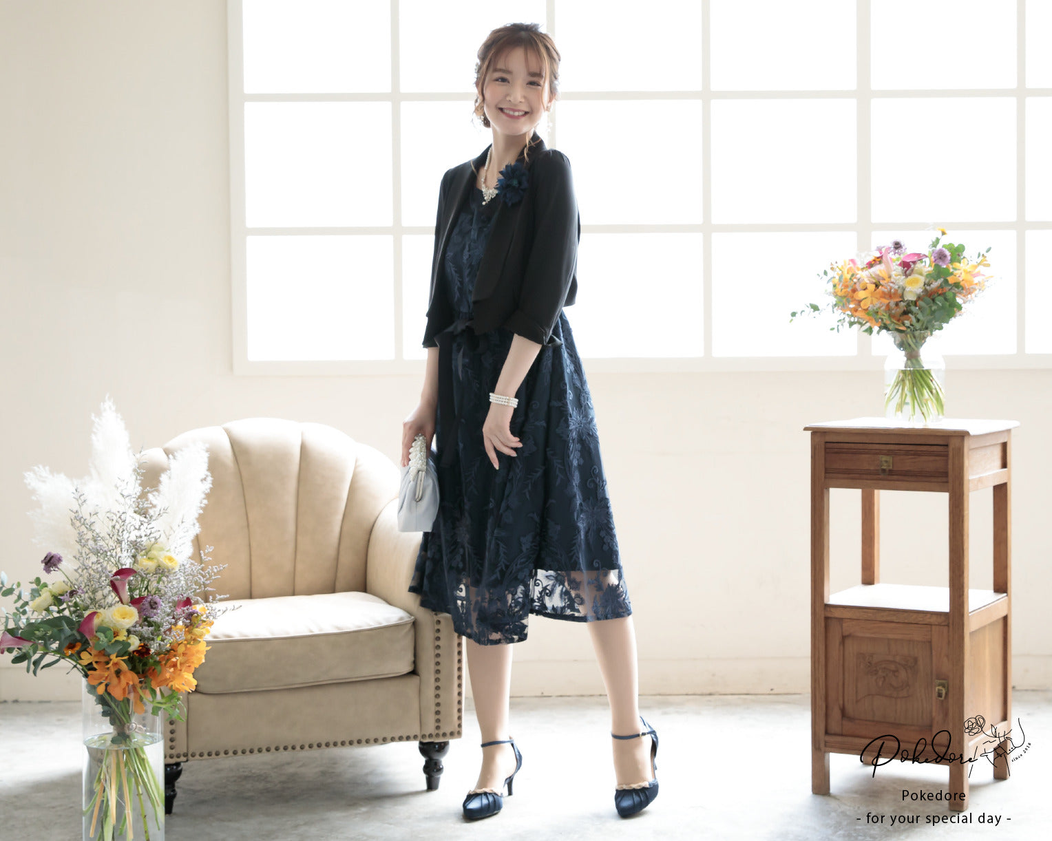 ポケット付き刺繍レースドレス 105016ネイビー×シルバー