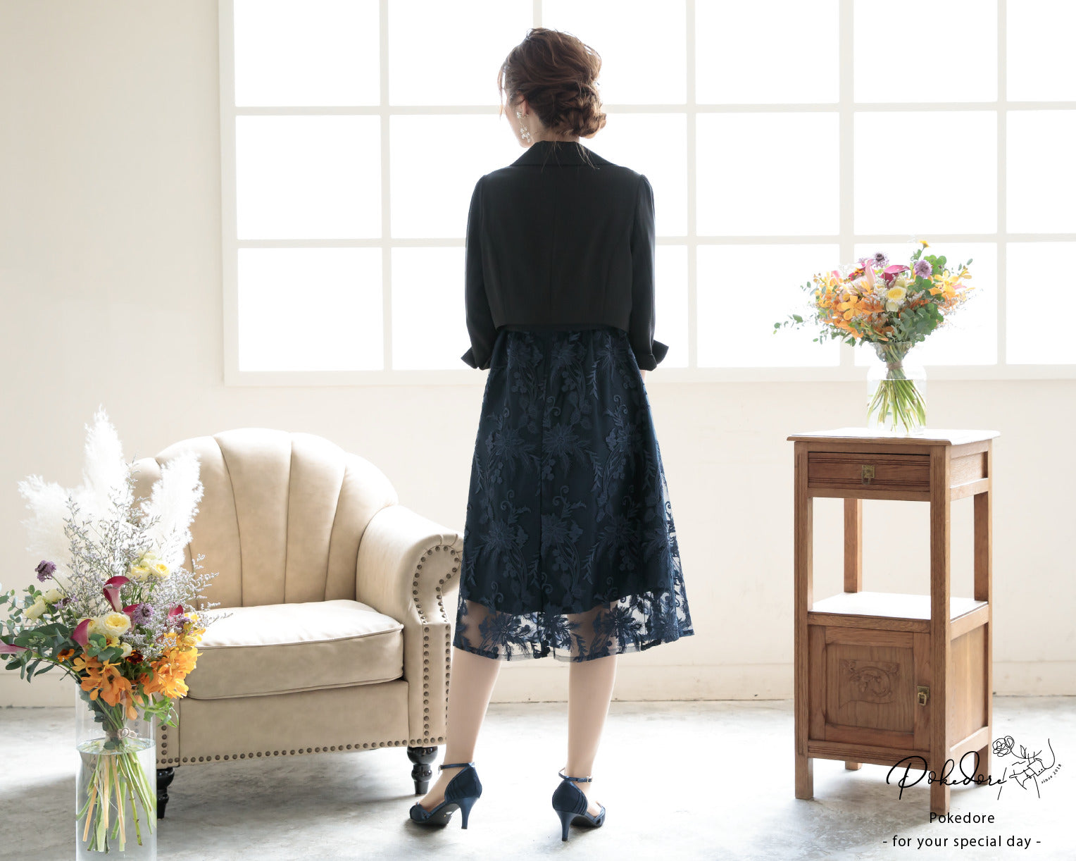 ポケット付き刺繍レースドレス 105016ネイビー