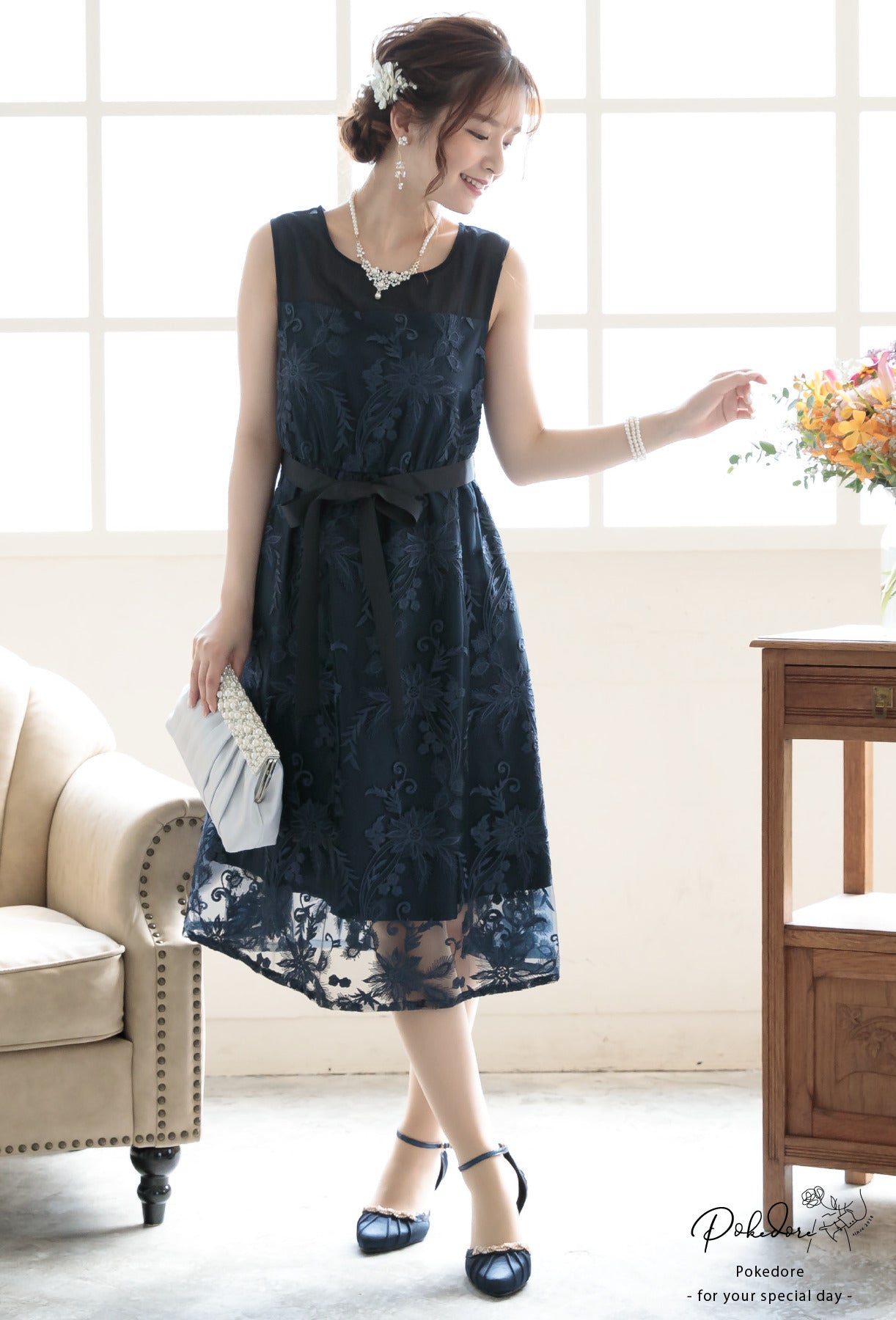 ポケット付き刺繍レースドレス 105016ネイビー×シルバー