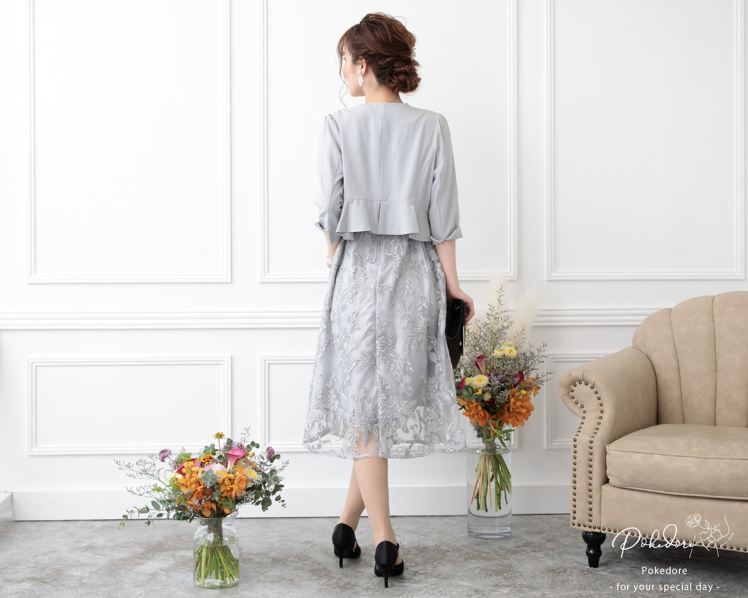 ポケット付き刺繍レースドレス 105016シルバー