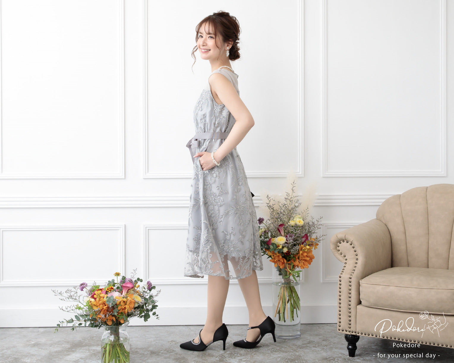 ポケット付き刺繍レースドレス 105016シルバー
