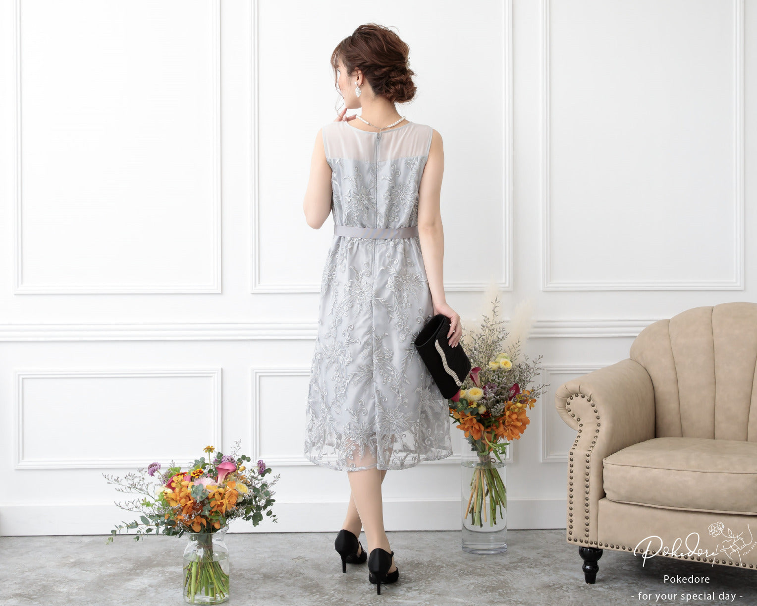 ポケット付き刺繍レースドレス 105016ネイビー×シルバー