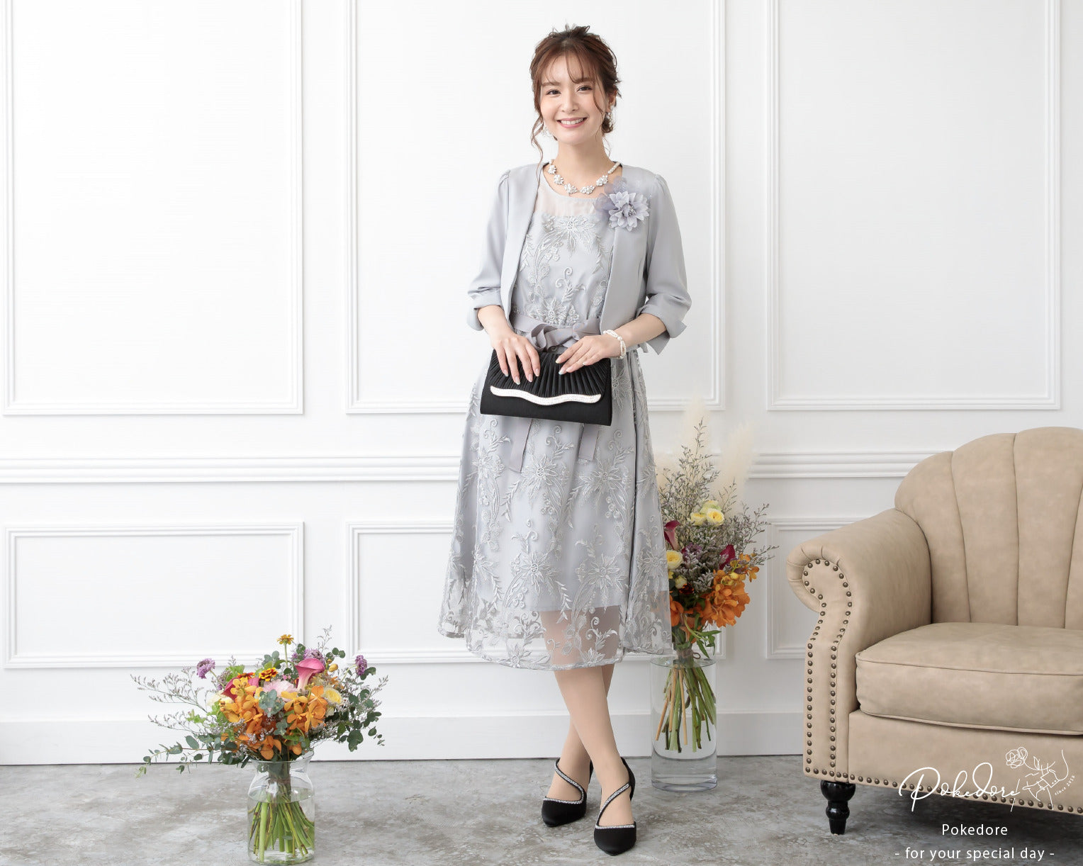 ポケット付き刺繍レースドレス 105016ネイビー