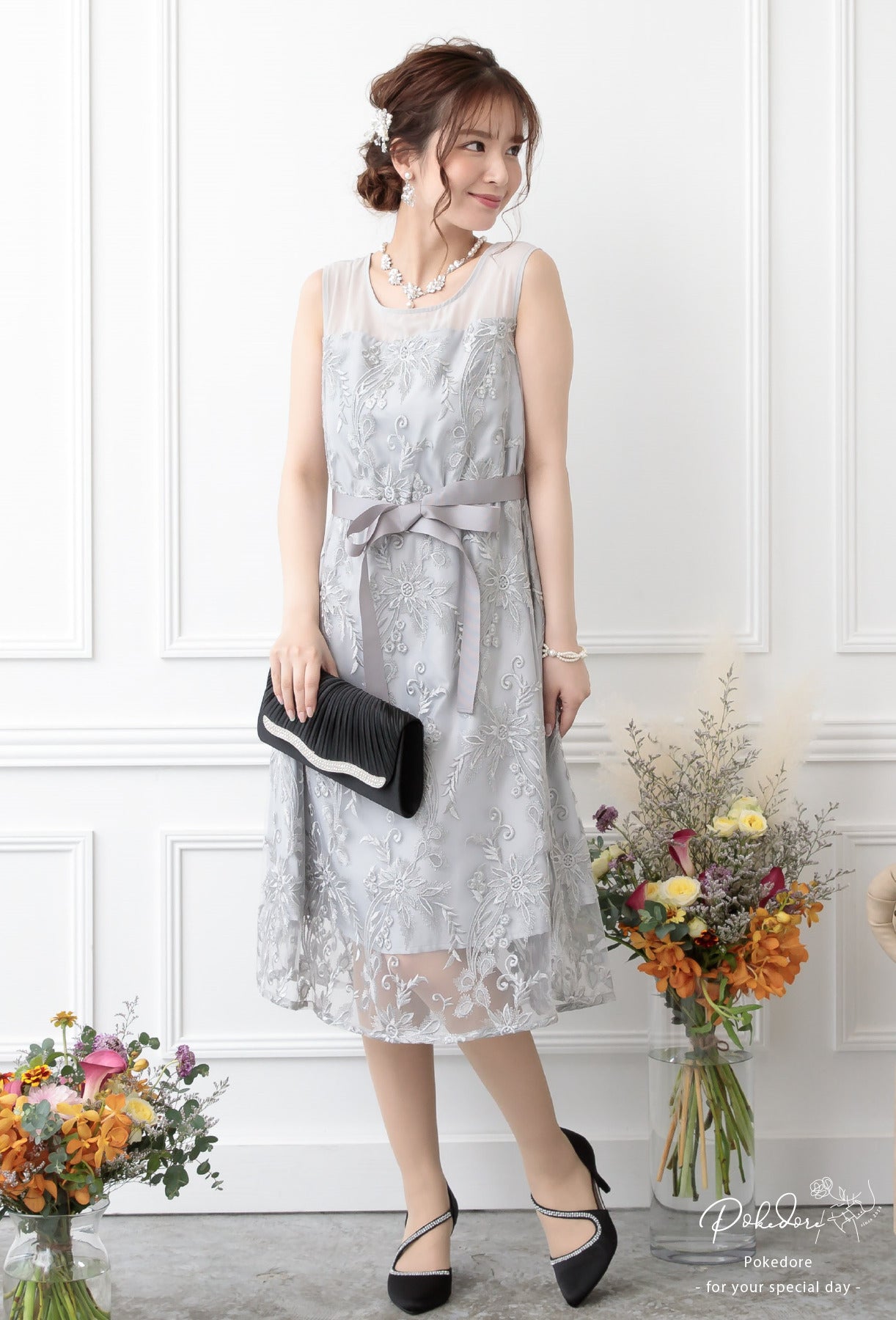 ポケット付き刺繍レースドレス 105016ネイビー×シルバー