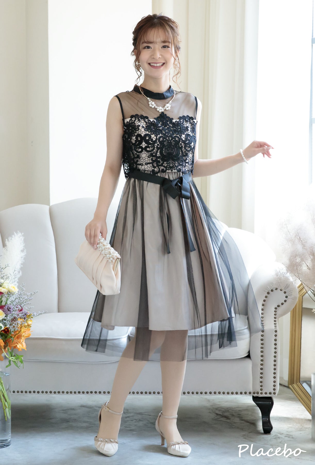 シアー切替えレースワンピース 105017ネイビー