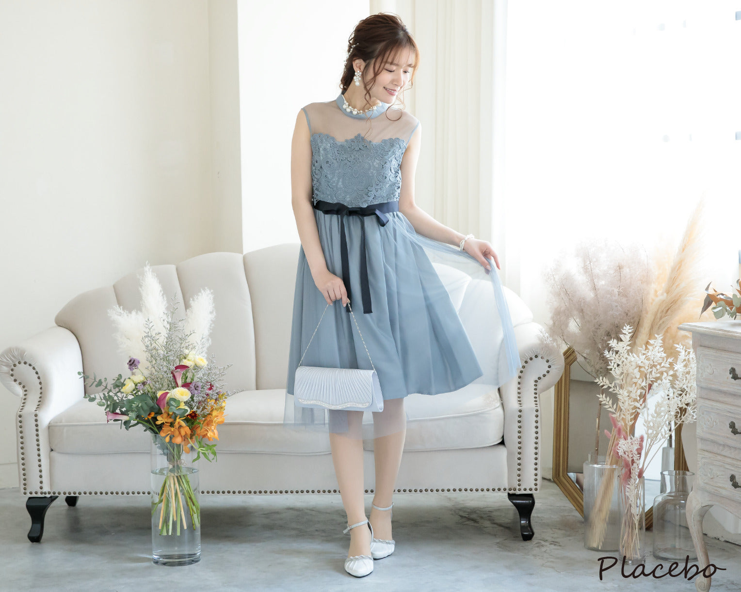 シアー切替えレースワンピース 105017ネイビー