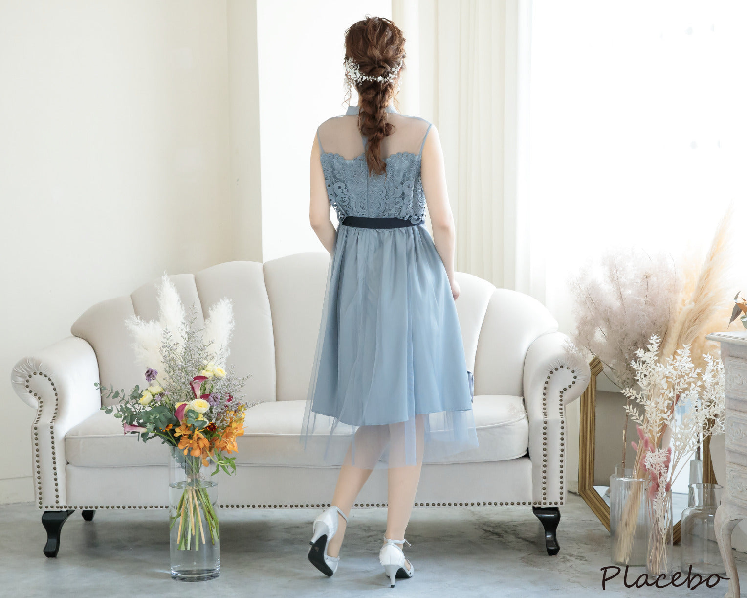 シアー切替えレースワンピース 105017ブルーグレー