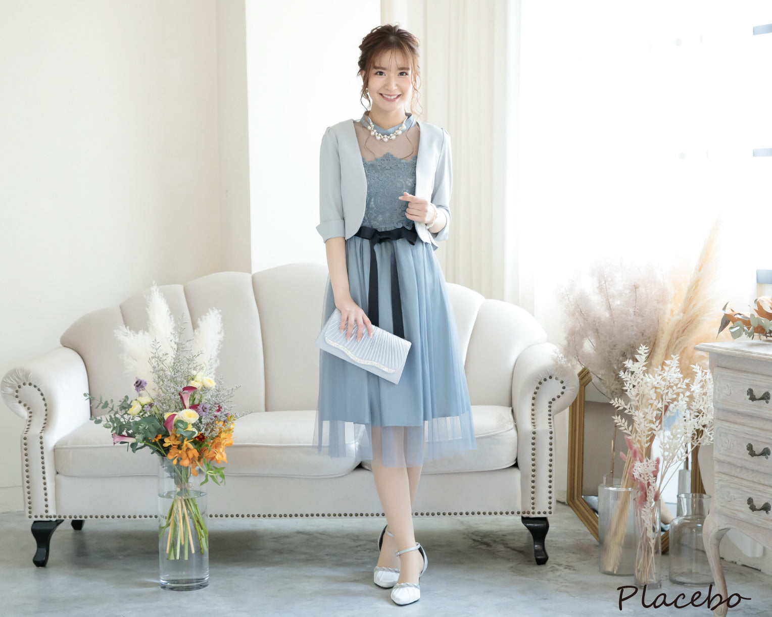 シアー切替えレースワンピース 105017ブルーグレー