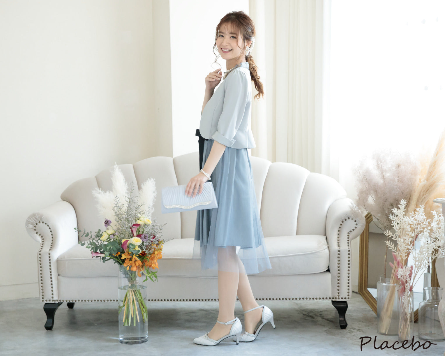 シアー切替えレースワンピース 105017ブルーグレー