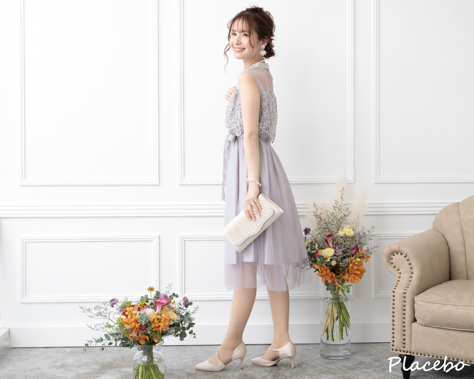 シアー切替えレースワンピース 105017ブルーグレー