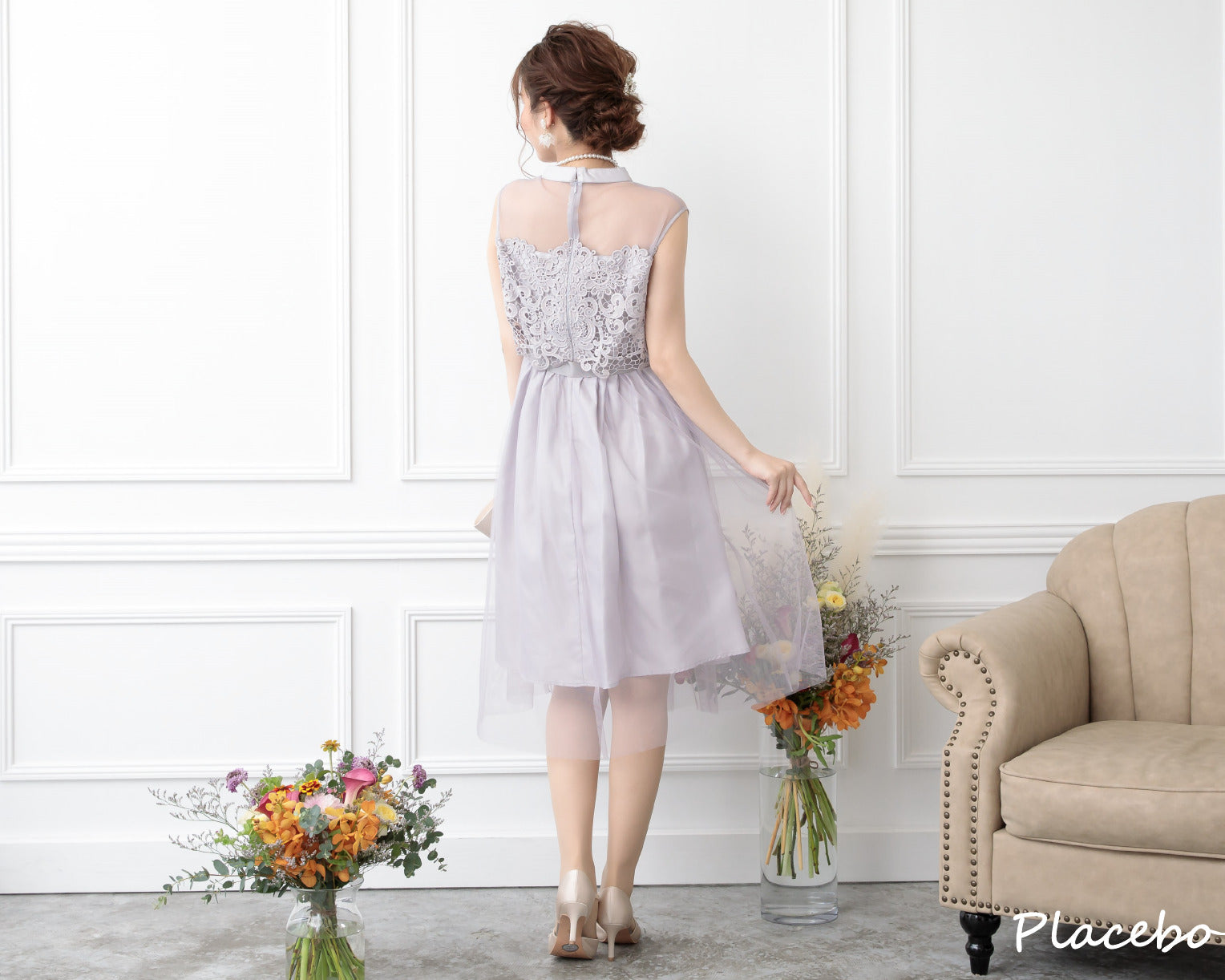 シアー切替えレースワンピース 105017ラベンダー