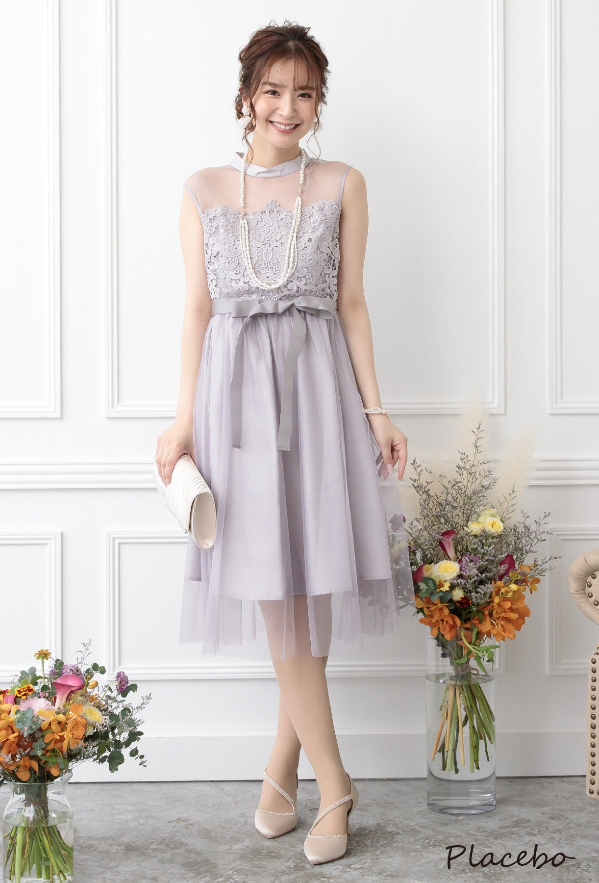 シアー切替えレースワンピース 105017ブルーグレー