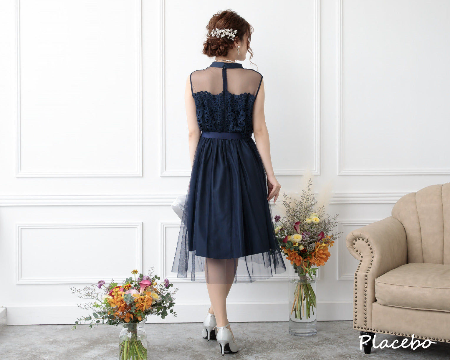 シアー切替えレースワンピース 105017ブルーグレー