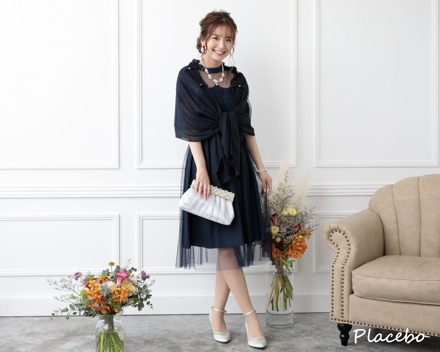 シアー切替えレースワンピース 105017ネイビー