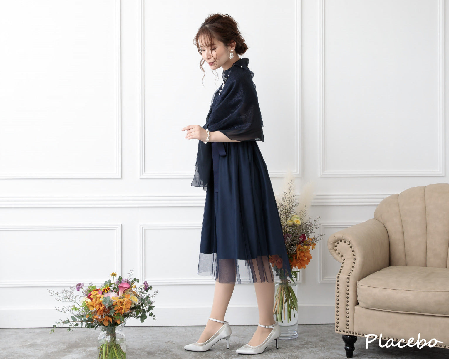 シアー切替えレースワンピース 105017ブルーグレー