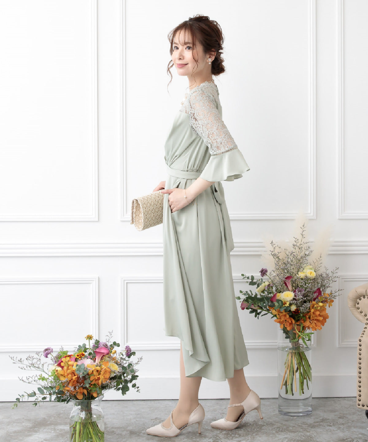 結婚式 ワンピース 二次会 お呼ばれドレス おしゃれ 袖あり ドレス 袖付き レース 謝恩会 卒業式 妊婦 マタニティドレス ポケット付き