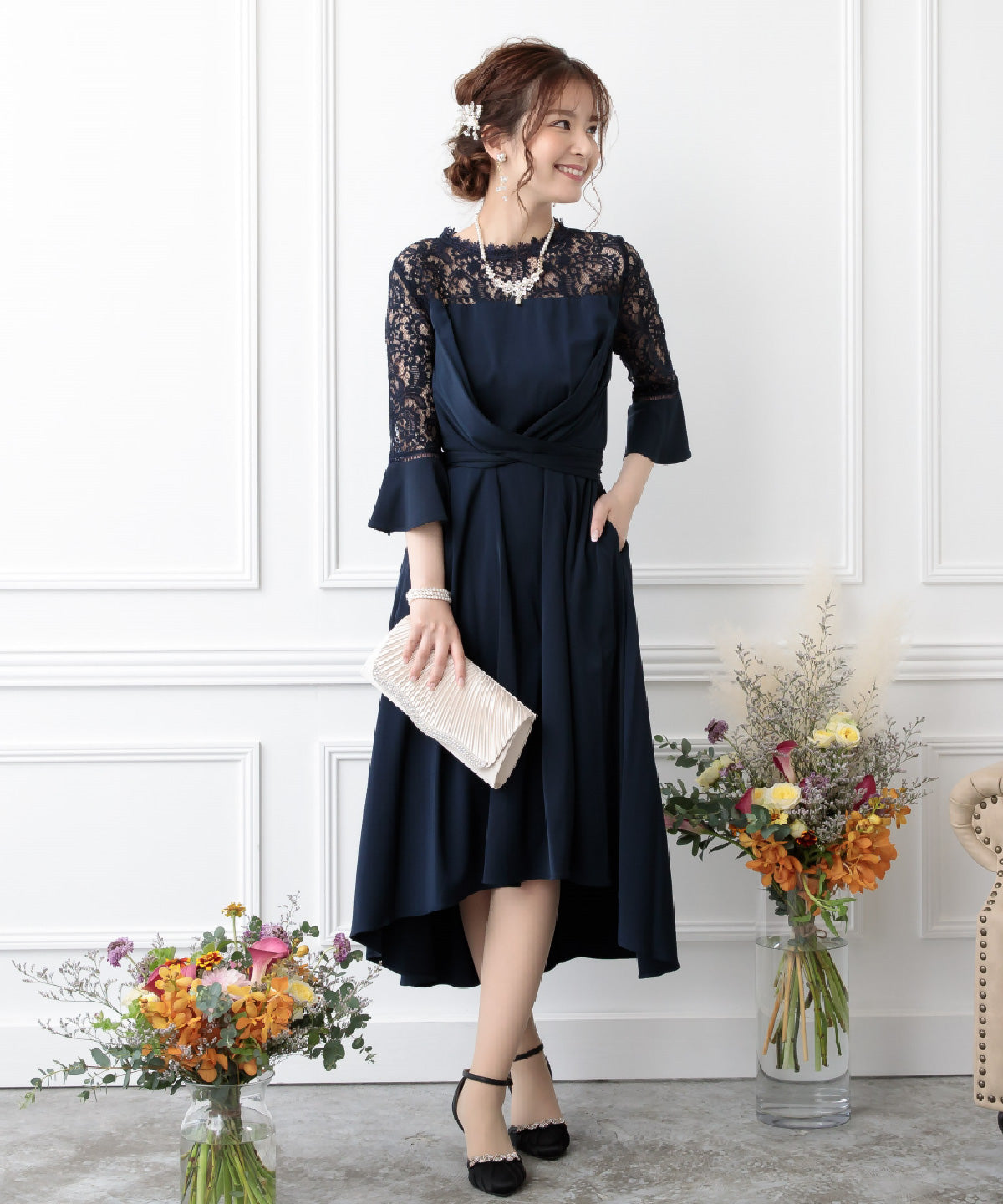 結婚式 ワンピース 二次会 お呼ばれドレス おしゃれ 袖あり ドレス 袖付き レース 謝恩会 卒業式 妊婦 マタニティドレス ポケット付き