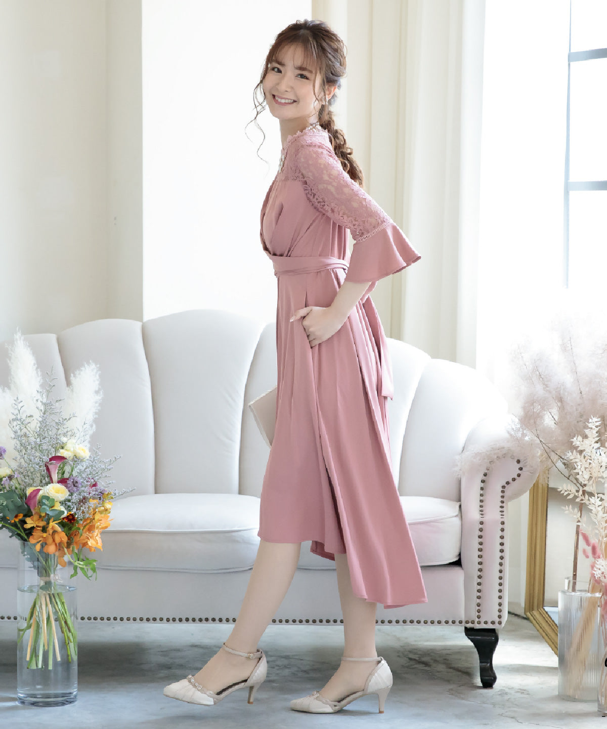 結婚式 ワンピース 二次会 お呼ばれドレス おしゃれ 袖あり ドレス 袖付き レース 謝恩会 卒業式 妊婦 マタニティドレス ポケット付き