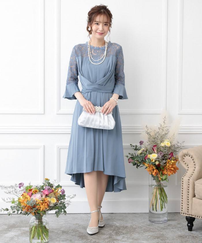 【S~L】ポケット付きレース切り替えクロスベルトドレス 105018ダスティピンク