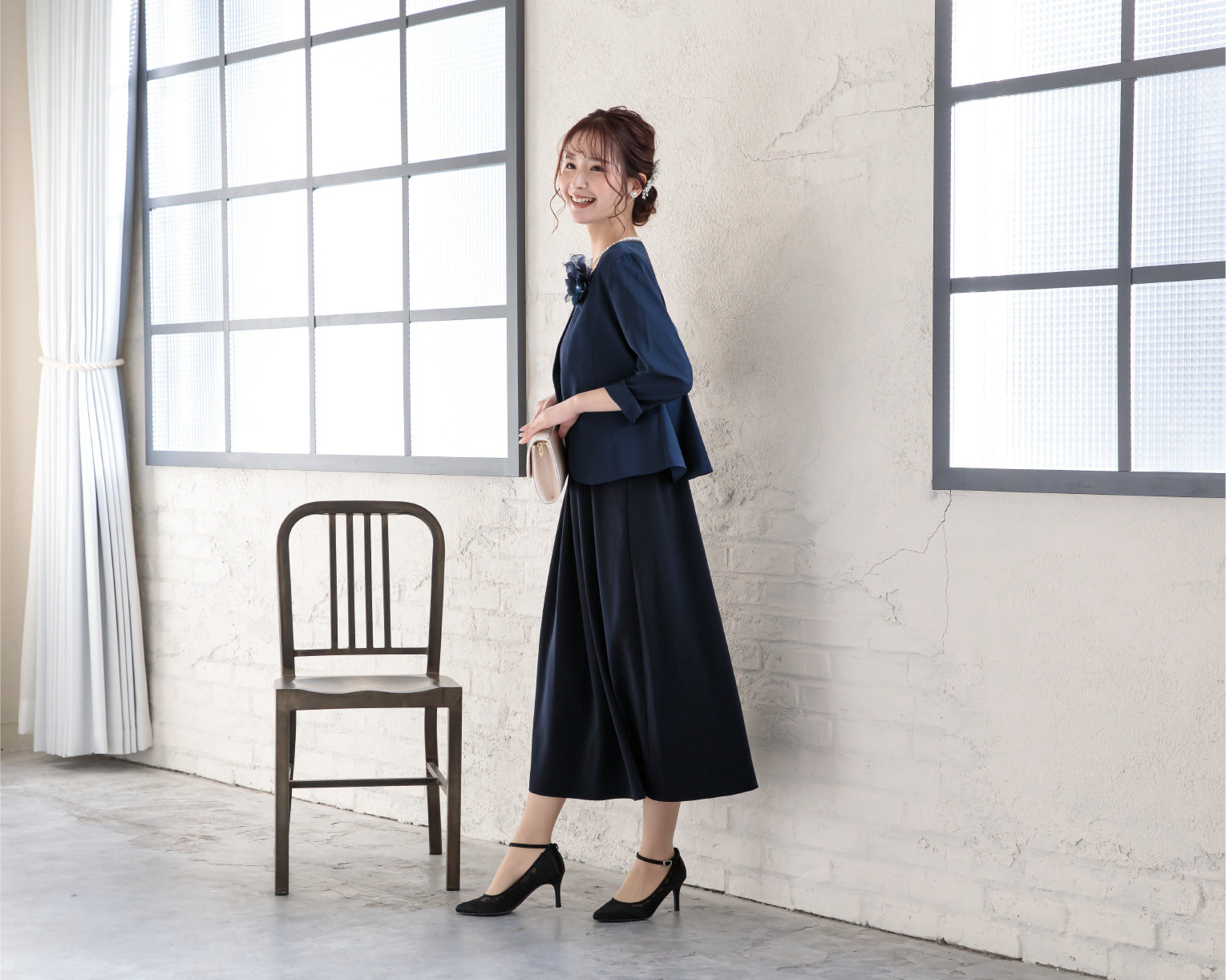 ポケット付き胸元レースマルチドレス 105023ネイビー