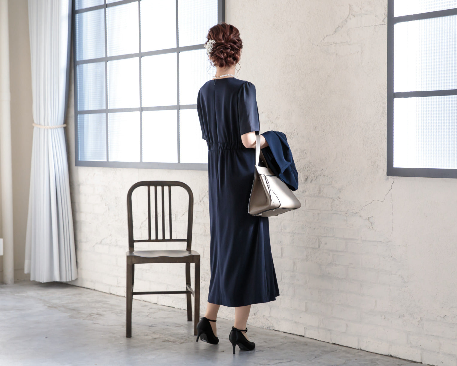 ポケット付き胸元レースマルチドレス 105023ネイビー