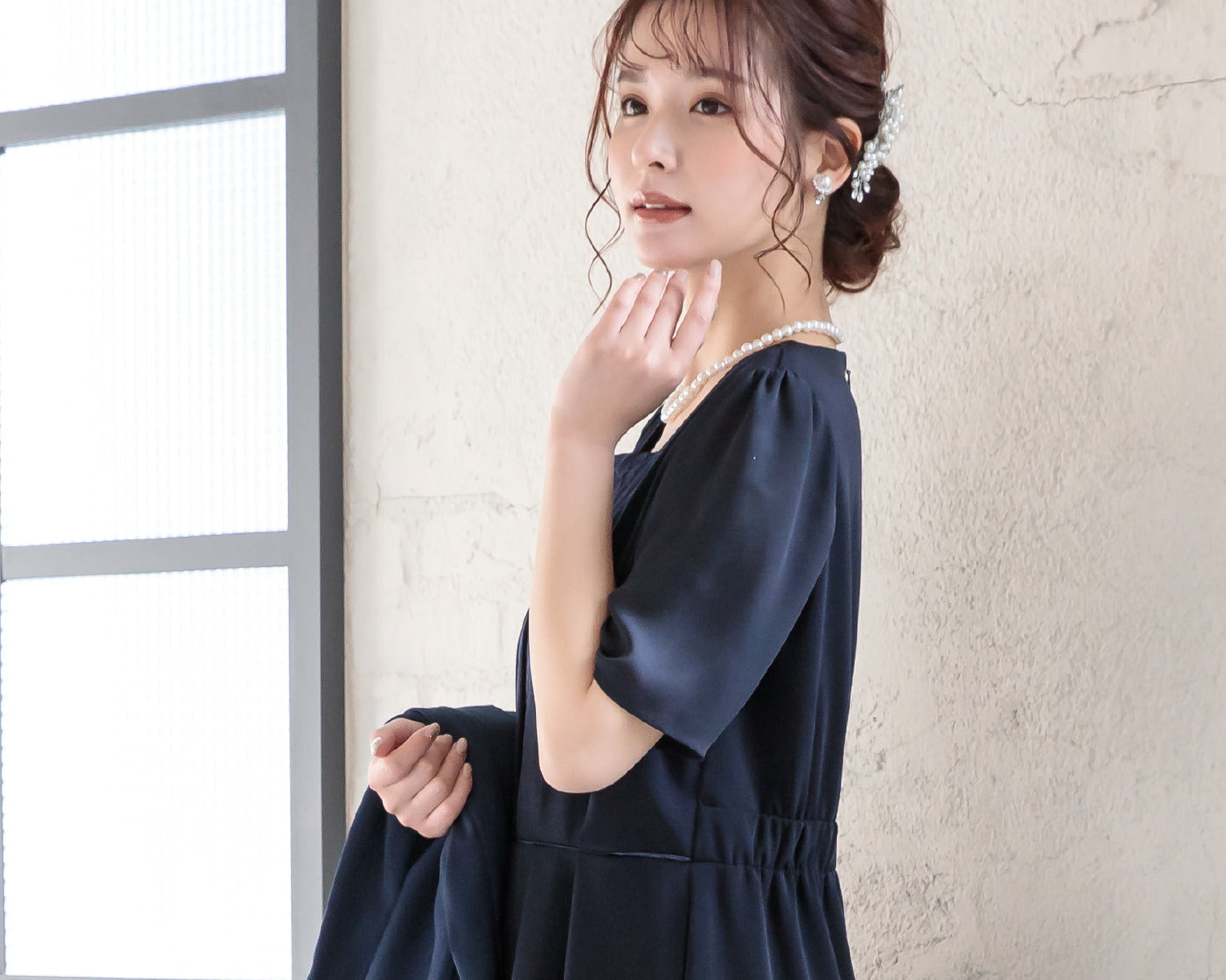 ポケット付き胸元レースマルチドレス 105023ネイビー