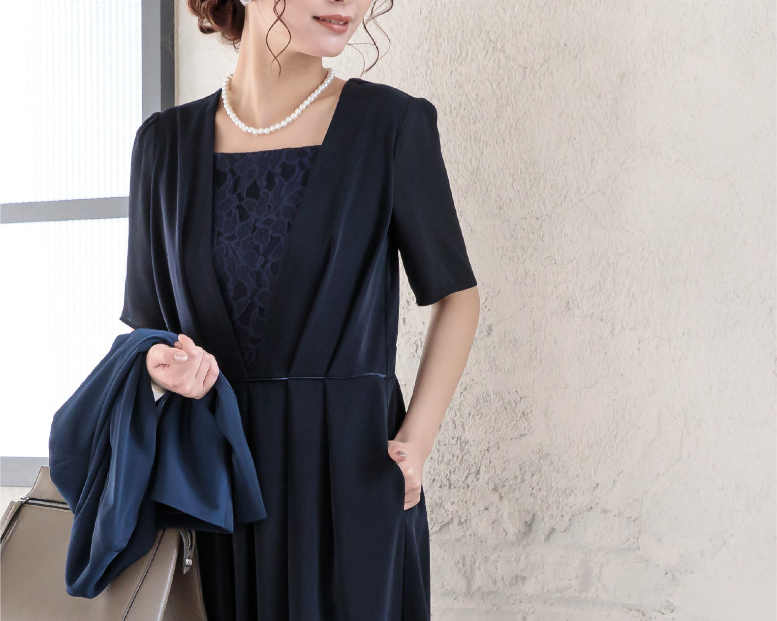 ポケット付き胸元レースマルチドレス 105023ネイビー