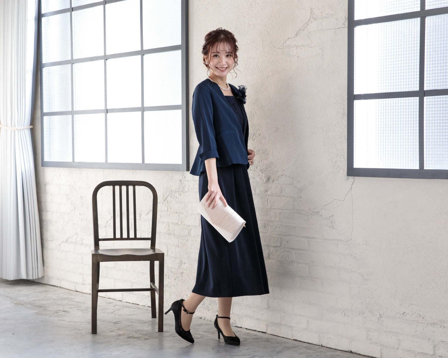 ポケット付き胸元レースマルチドレス 105023ネイビー