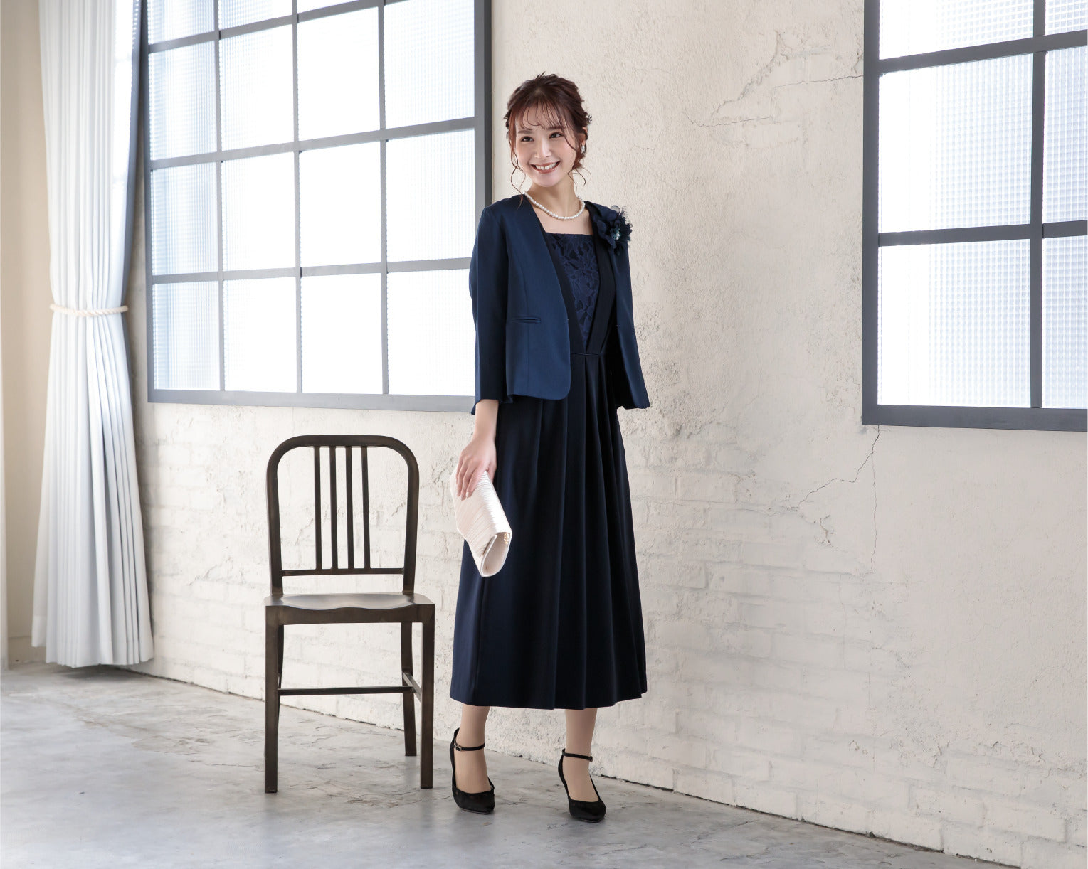 ポケット付き胸元レースマルチドレス 105023ネイビー